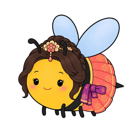 Boram, a BuzzBuzz bee in a coral Chuseok hanbok with braided hair and a gold flower pin