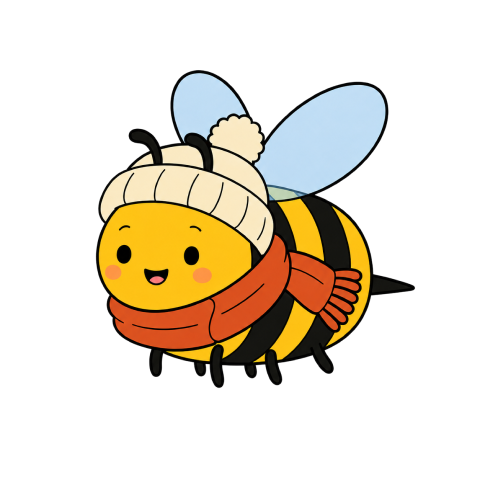Cozy Bee, a yellow bee in a cream pom-pom beanie and a rust scarf