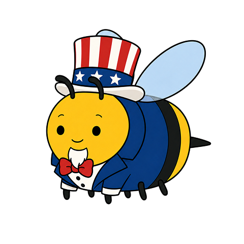 Festival Bee, a bee with a white goatee in a star-spangled top hat, blue suit and red bow tie