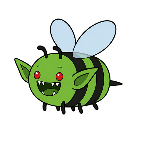 Goblin Bee, a green bee with pointy ears, fangs and red eyes
