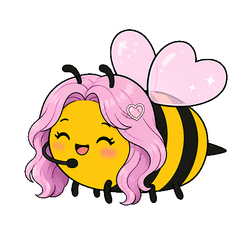 Hani, a bee with pastel pink hair, heart wings, and a headset
