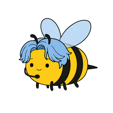 Kpop Jimmy, a bee with a wavy blue perm and an idol headset mic