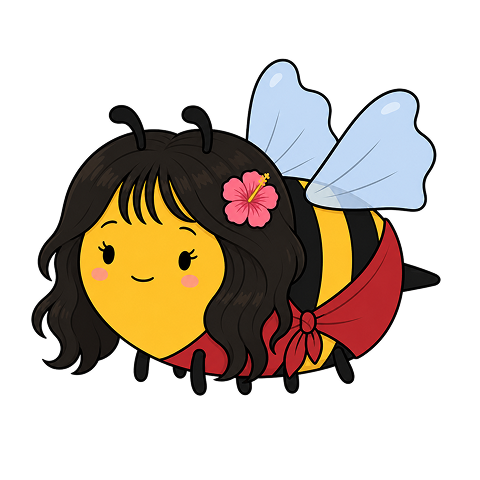 Luau Bee, a bee with hibiscus tucked behind one antenna and a floral pareo