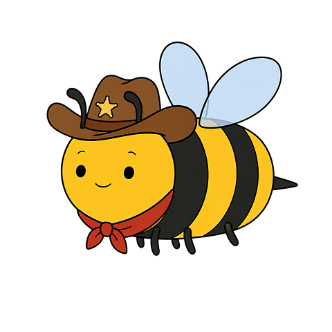 Outlaw Bee, a yellow bee wearing a cowboy hat and red bandana
