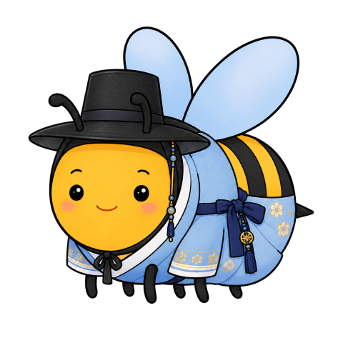 Suho, a BuzzBuzz bee in a light-blue Chuseok durumagi and a traditional gat