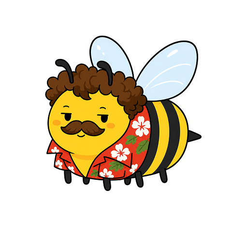 Unc Summer, a bee in a Hawaiian shirt with a perm and mustache
