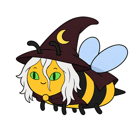 Witch Bee, a yellow bee with white hair, green eyes, a crescent-moon hat, and a dark cape