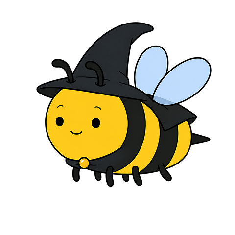 Wizard Student, a bee wearing a black witch hat and a gold bell collar